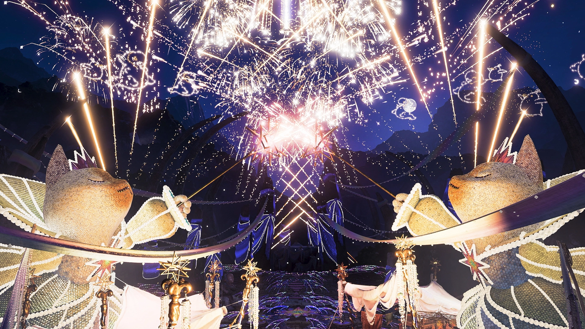 Fireworks illuminate a festival scene with two regal cat-like characters, celebrating new features in Monster Hunter Stori...