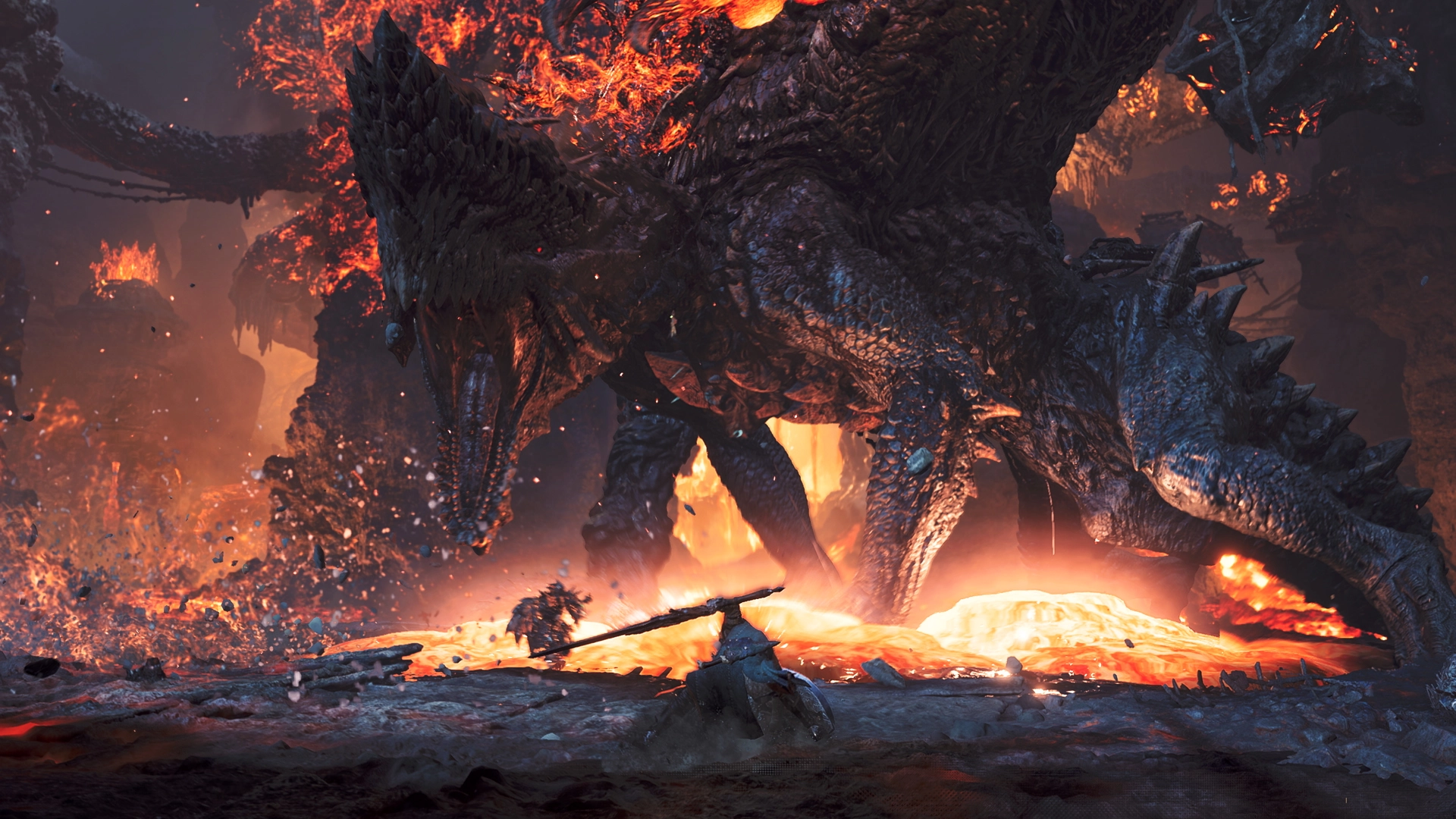 A hunter battles the massive Elder Dragon Gogmazios in a fiery landscape, showcasing intense action in Monster Hunter.