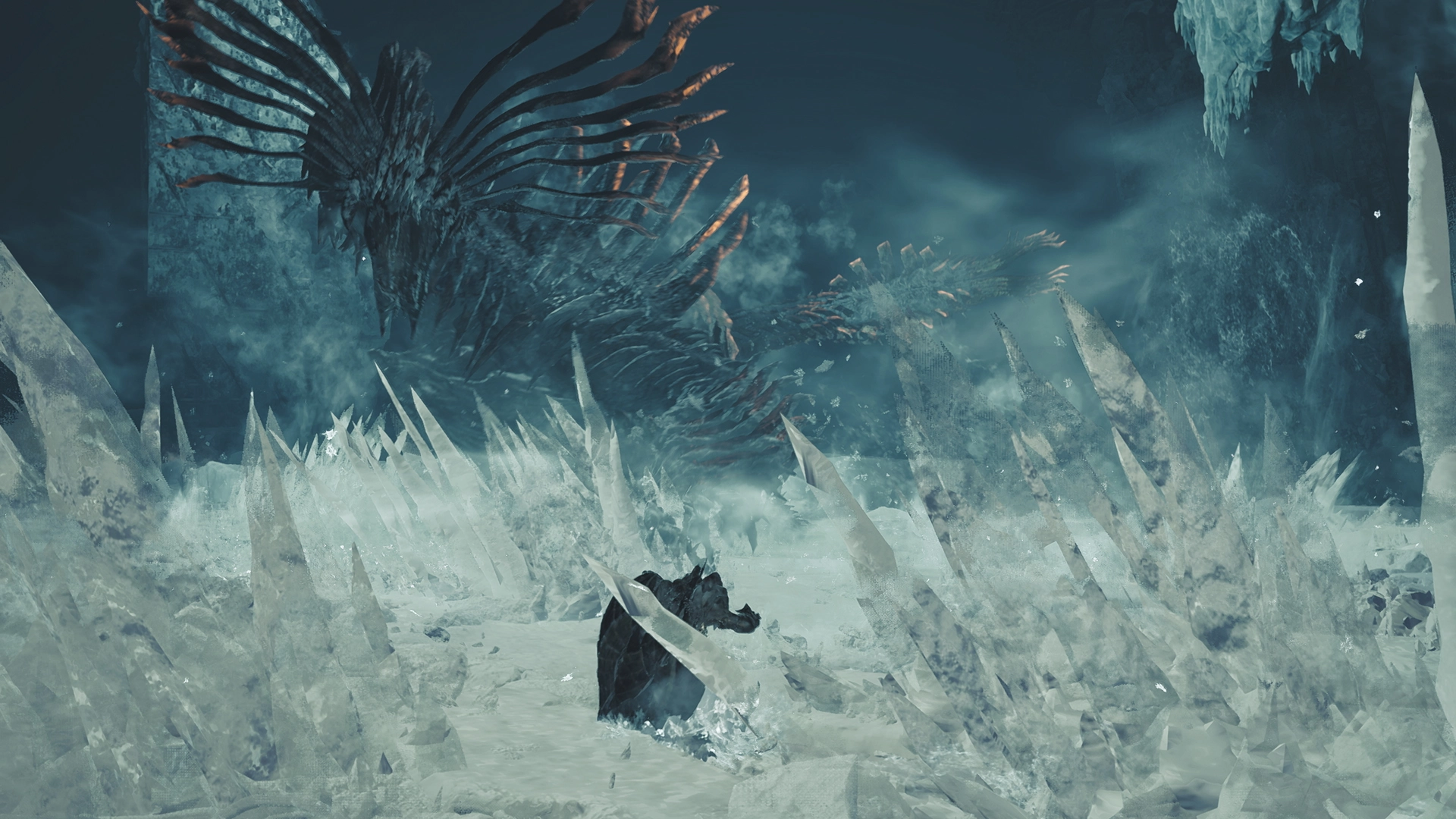 Epic icy landscape from Monster Hunter Stories 3: Twisted Reflection with a formidable Elder Dragon menacing in the backgr...