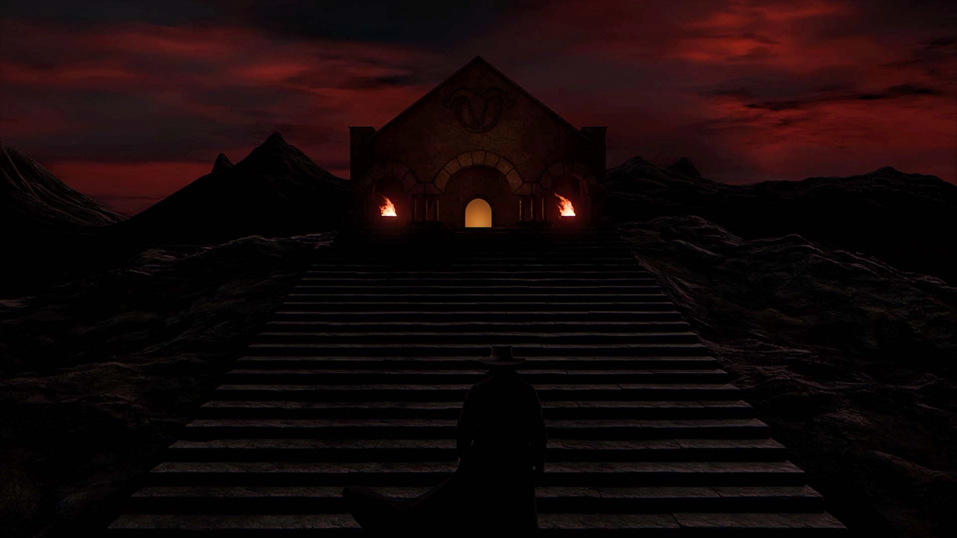 Mysterious dark landscape with a silhouetted figure approaching a glowing entrance, evoking horror game themes.