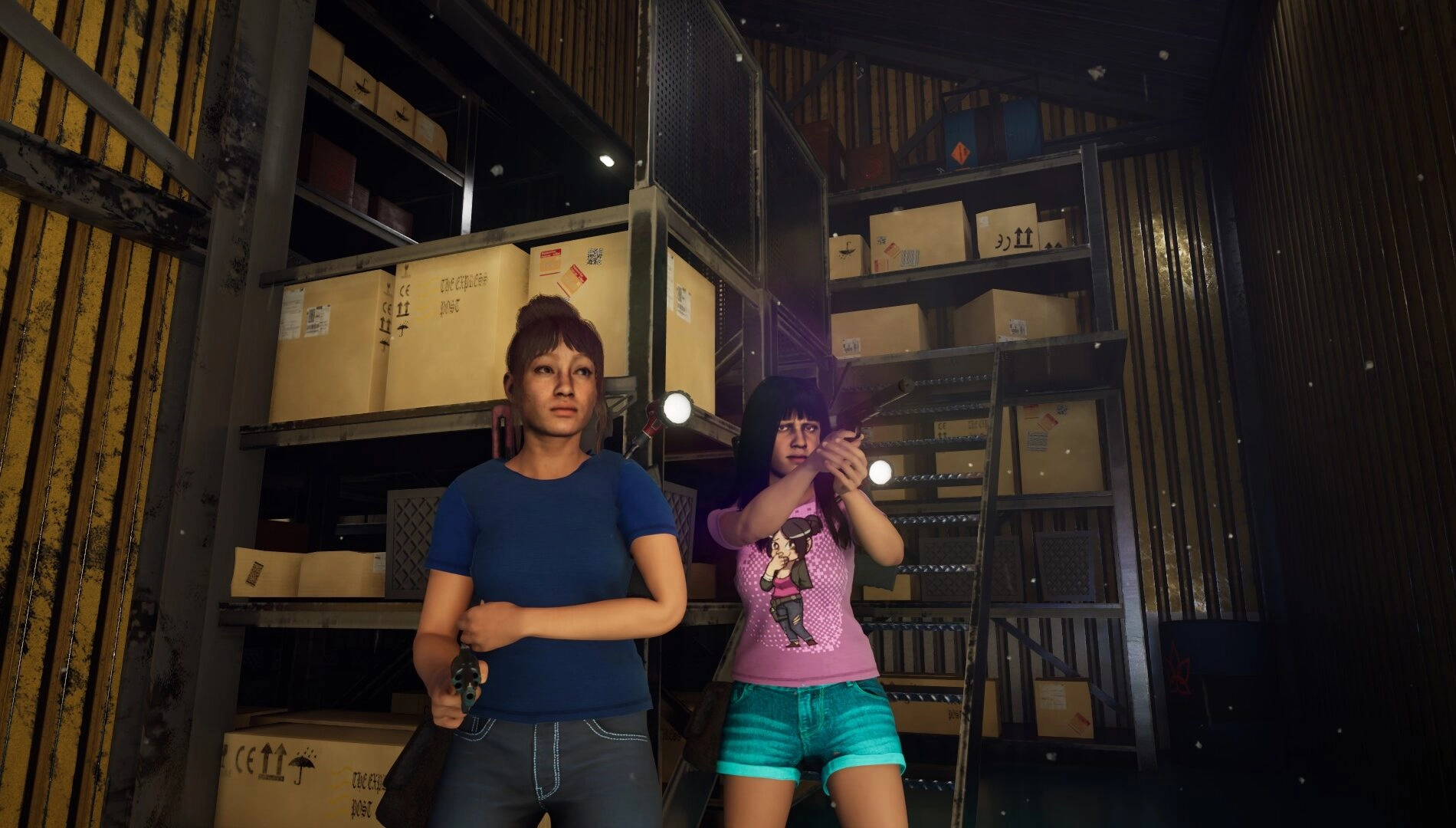Two women stand ready for action in a warehouse, preparing to face zombies in Outbreak: Shades of Horror on Xbox Series X|S.
