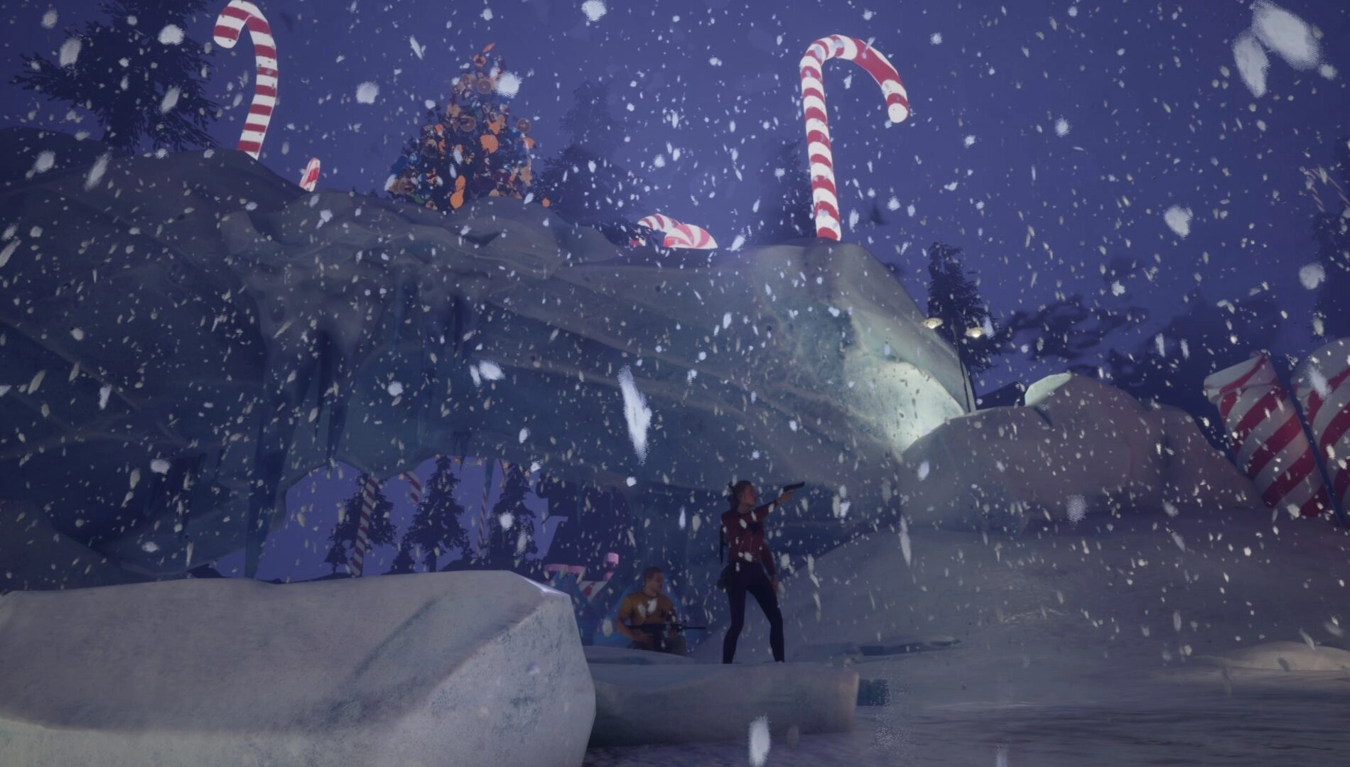 Zombie-themed holiday scene in Outbreak: Shades of Horror with festive decorations, snow, and seasonal excitement.