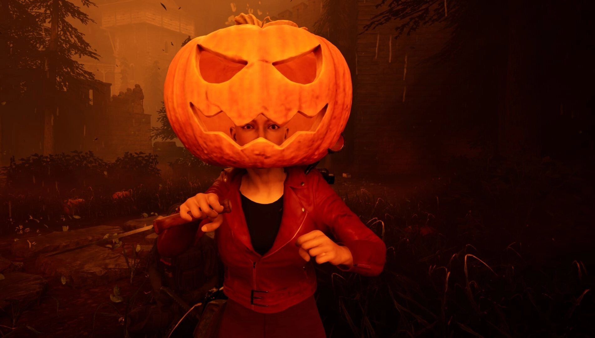A character with a pumpkin head in a spooky setting, promoting Dead Drop Studios