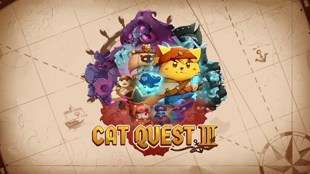Cat Quest III game cover featuring a cartoon cat hero on a colorful map background, showcasing adventure and exploration.