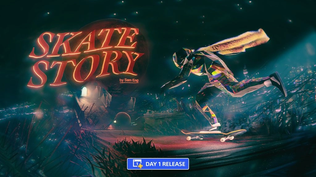 A vibrant character skating through a surreal underworld in Skate Story, part of December