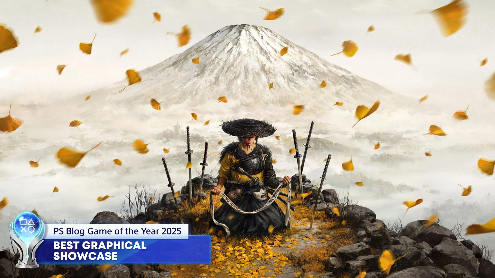 PS Blog Game of the Year 2025 showcases stunning art with a samurai amidst falling leaves and a mountain backdrop.
