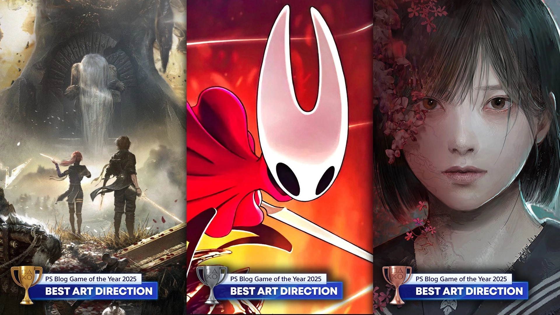 PlayStation Blog Game of the Year 2025: Celebrating best art direction with iconic game visuals and trophy highlights.
