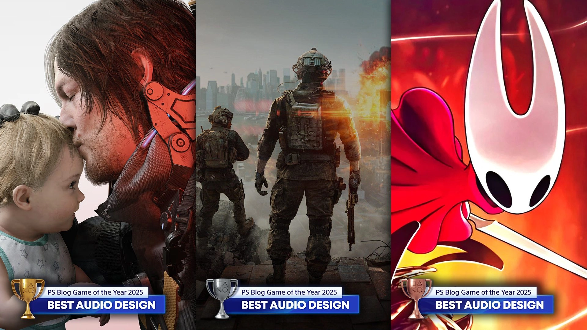PlayStation Blog Game of the Year 2025 winners showcase; highlighting Best Audio Design nominees from iconic games.