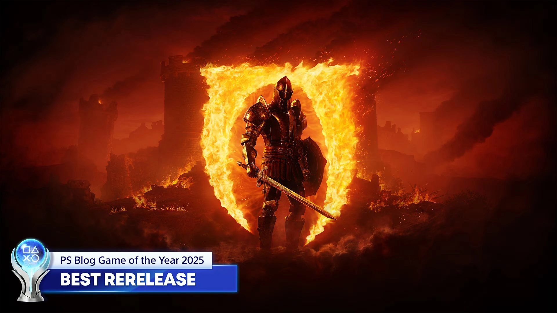 PlayStation Blog Game of the Year 2025: Best Rerelease with a fiery knight and trophy design, celebrating player votes.