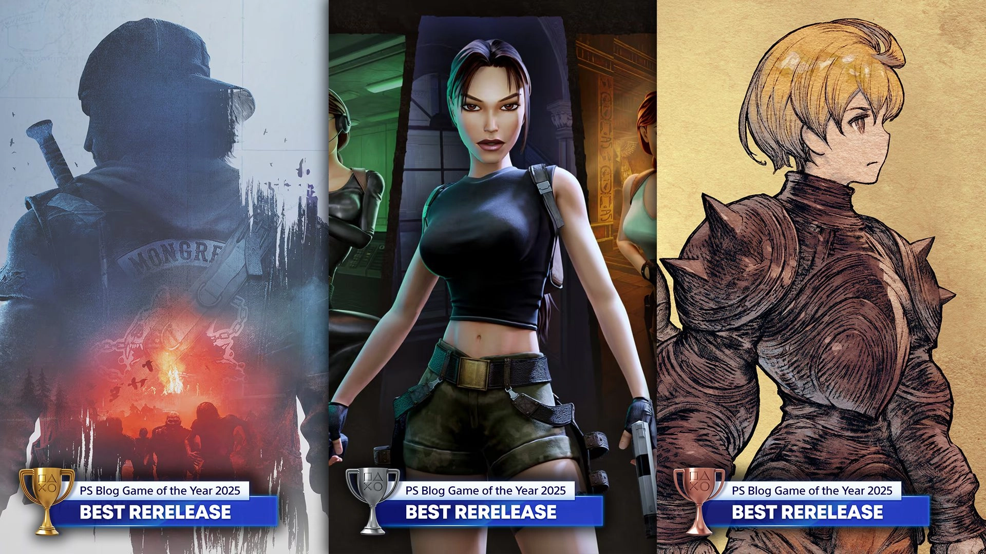 Three standout characters representing the Best Rerelease in the PS Blog Game of the Year 2025 awards, showcasing iconic d...