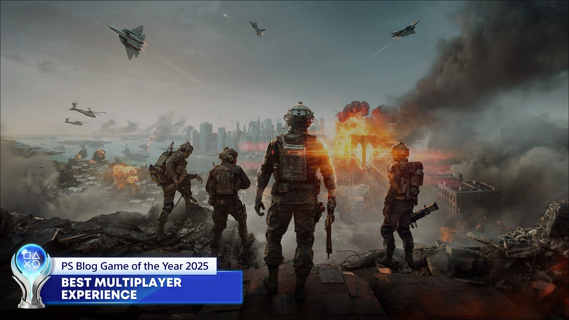 PS Blog Game of the Year 2025: Best Multiplayer Experience award highlighted amid epic gameplay scene.