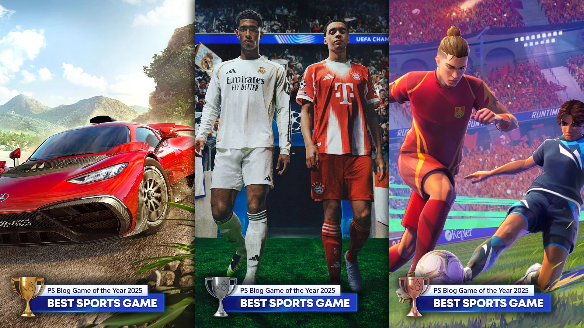 PlayStation Blog Game of the Year 2025 nominees for Best Sports Game, featuring dynamic racing and soccer visuals.