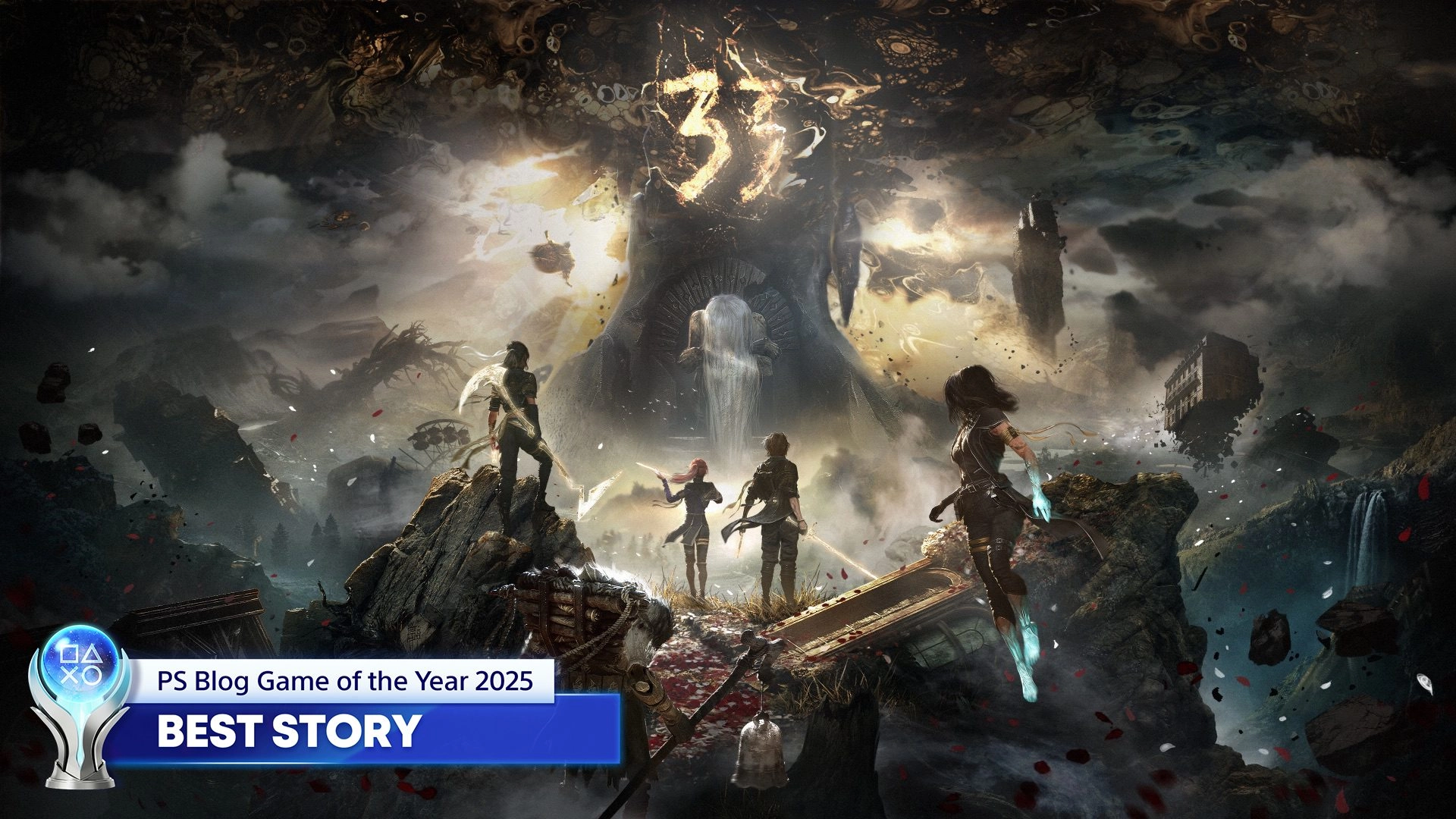Stunning artwork for PS Blog Game of the Year 2025 depicting iconic characters in an epic fantasy landscape.