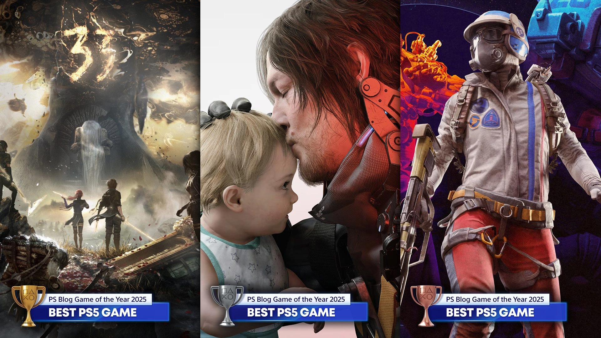 Showcasing the top games of 2025, featuring iconic PS5 characters and awards highlighting player votes and creativity.