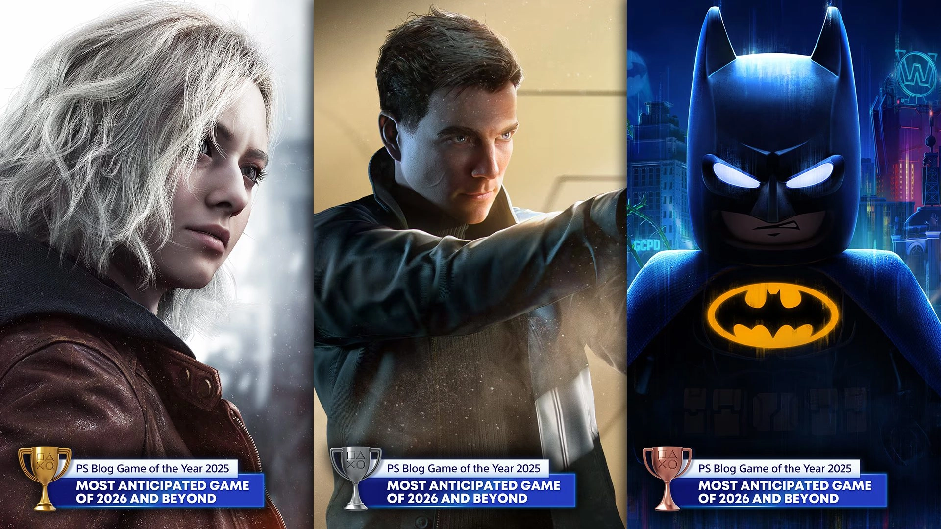 Reveal of PlayStation Blog Game of the Year 2025 winners, showcasing top characters and anticipated games with trophies.