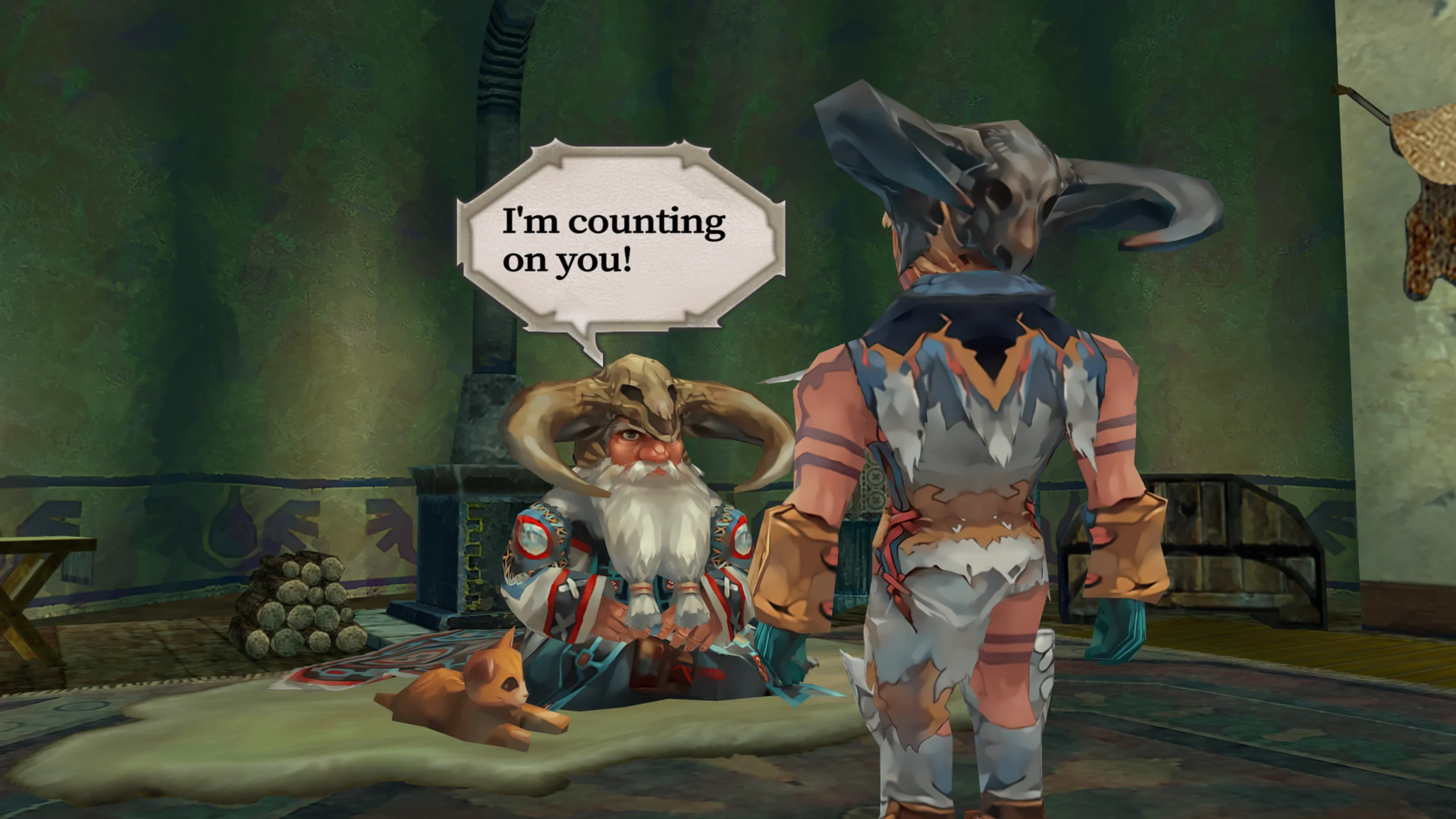 A character in an RPG scene expresses confidence, set in a fantastical environment from Romancing SaGa -Minstrel Song-.