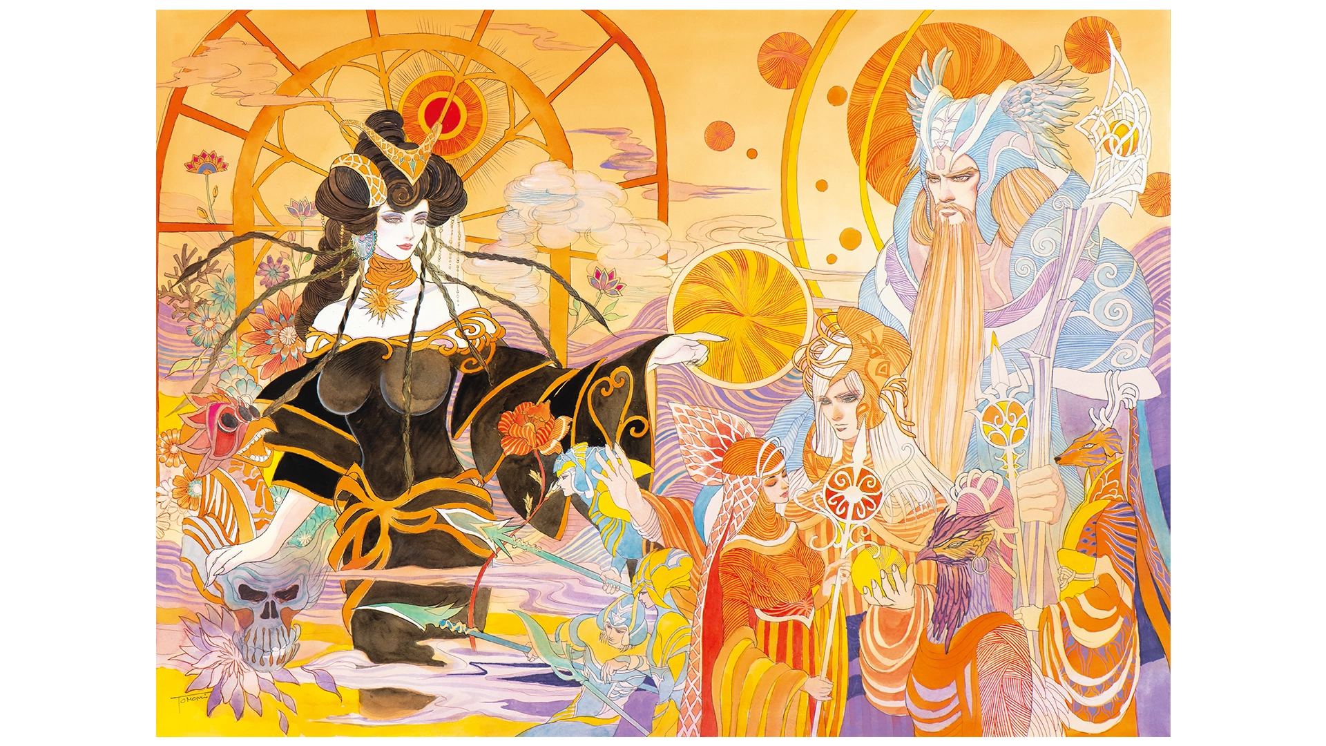 Illustration of deities from Romancing SaGa, celebrating the legacy of the RPG series with vibrant colors and fantasy elem...