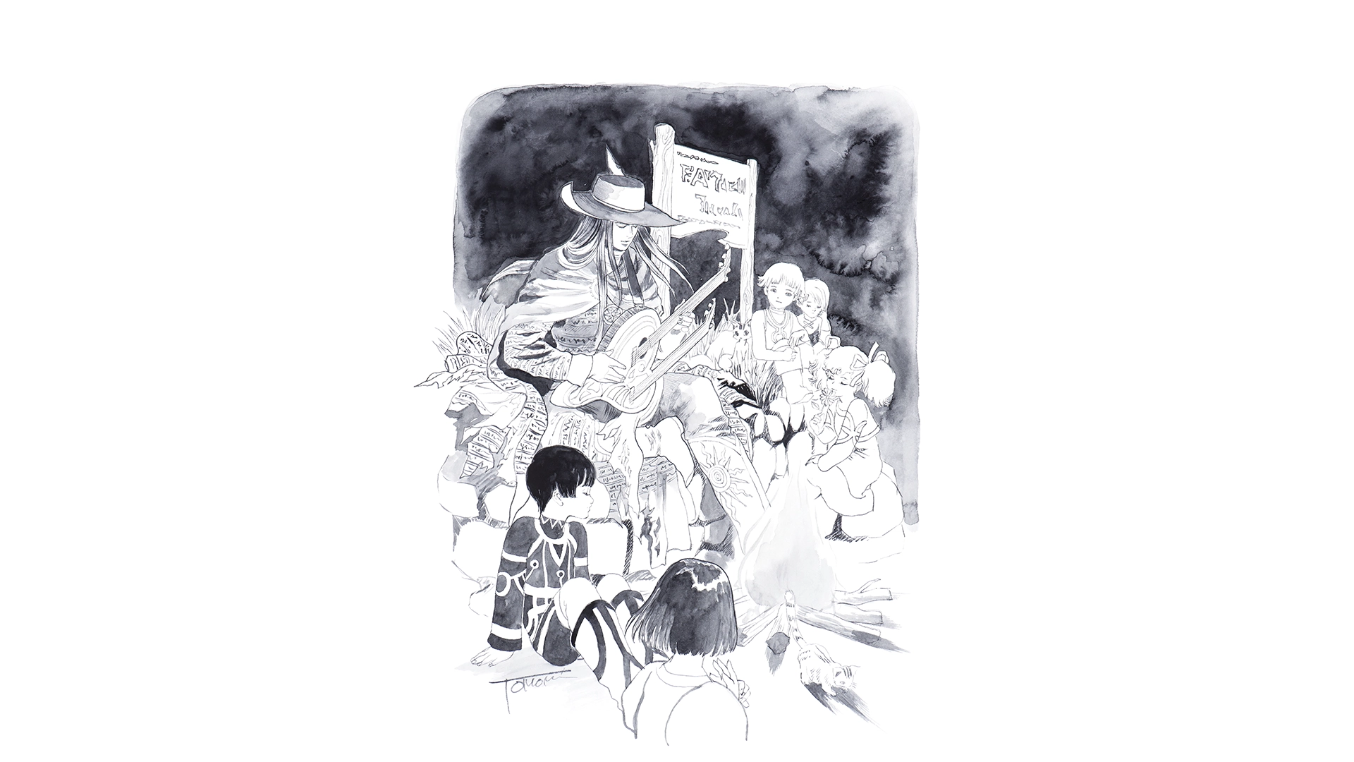 A bard captivates children with stories in a whimsical illustration, embodying the spirit of adventure in Romancing SaGa.