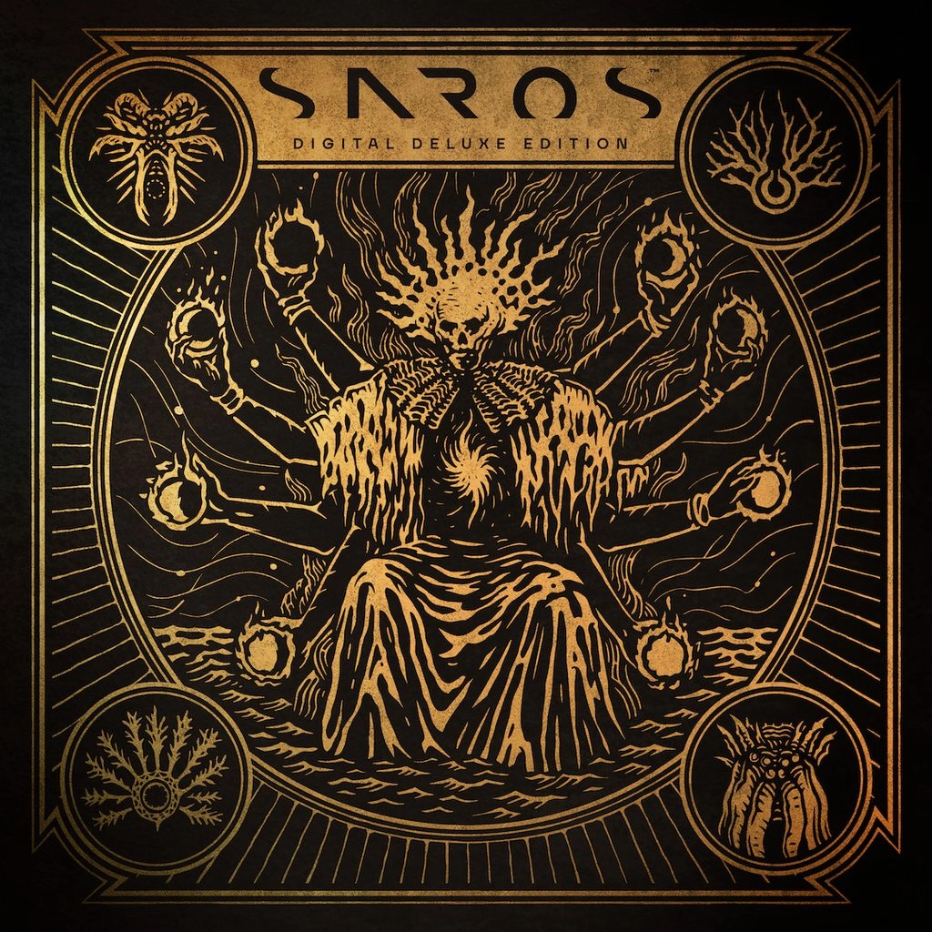 Saros Digital Deluxe Edition artwork featuring intricate gold illustrations on a dark background, reflecting its eerie theme.