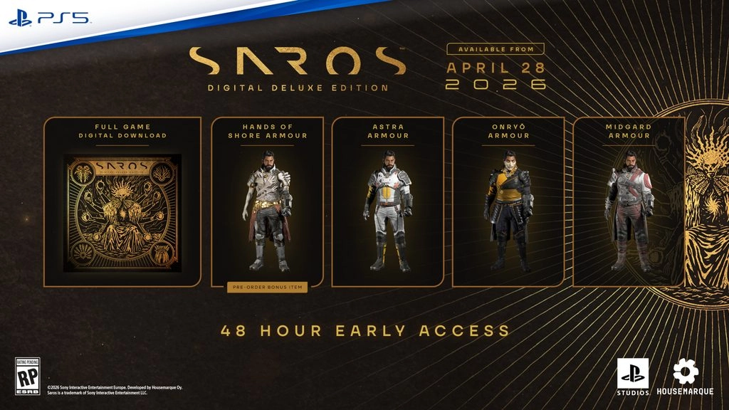 Saros Digital Deluxe Edition for PS5, featuring exclusive armors and early access. Available April 28, 2026.