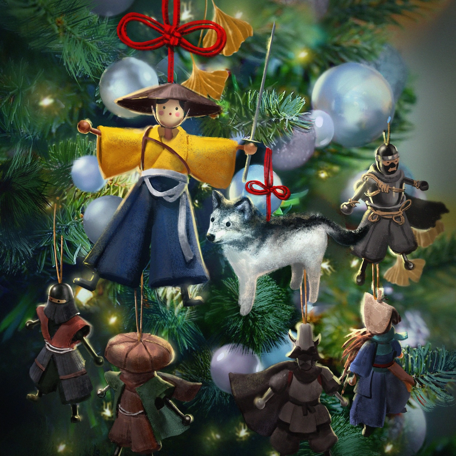 Colorful holiday ornaments themed around gaming characters, hanging on a Christmas tree, celebrating 2025
