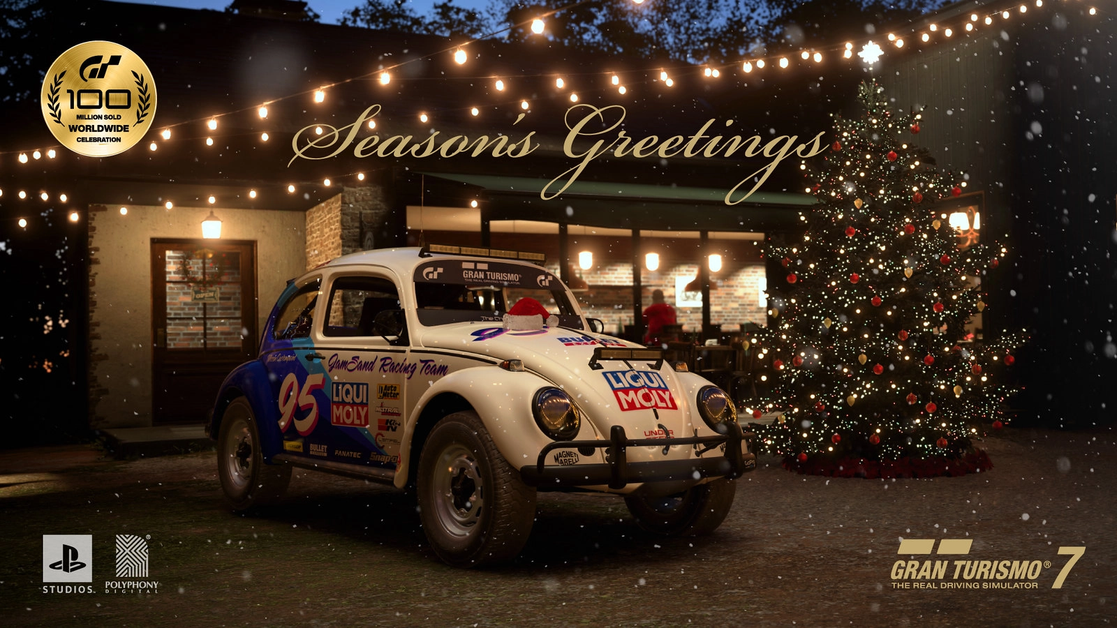 Holiday greetings from Gran Turismo 7, featuring a classic car amidst festive lights and a cozy backdrop.