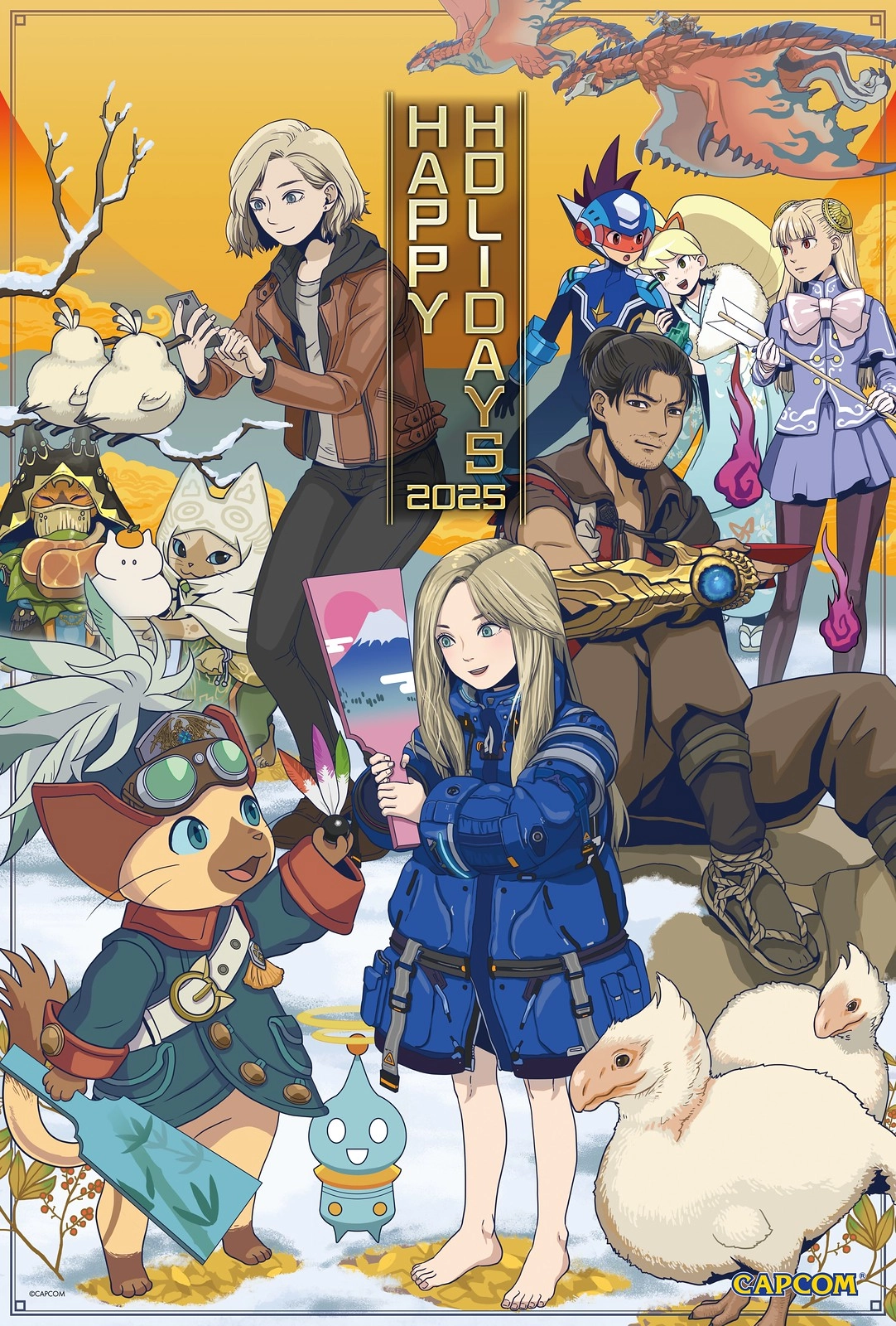 Happy Holidays 2025 from the gaming industry, featuring beloved characters in a festive, colorful illustration.