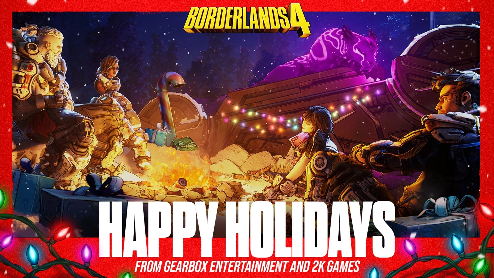 Holiday greetings from Gearbox Entertainment and 2K Games featuring festive characters enjoying a cozy campfire celebration.