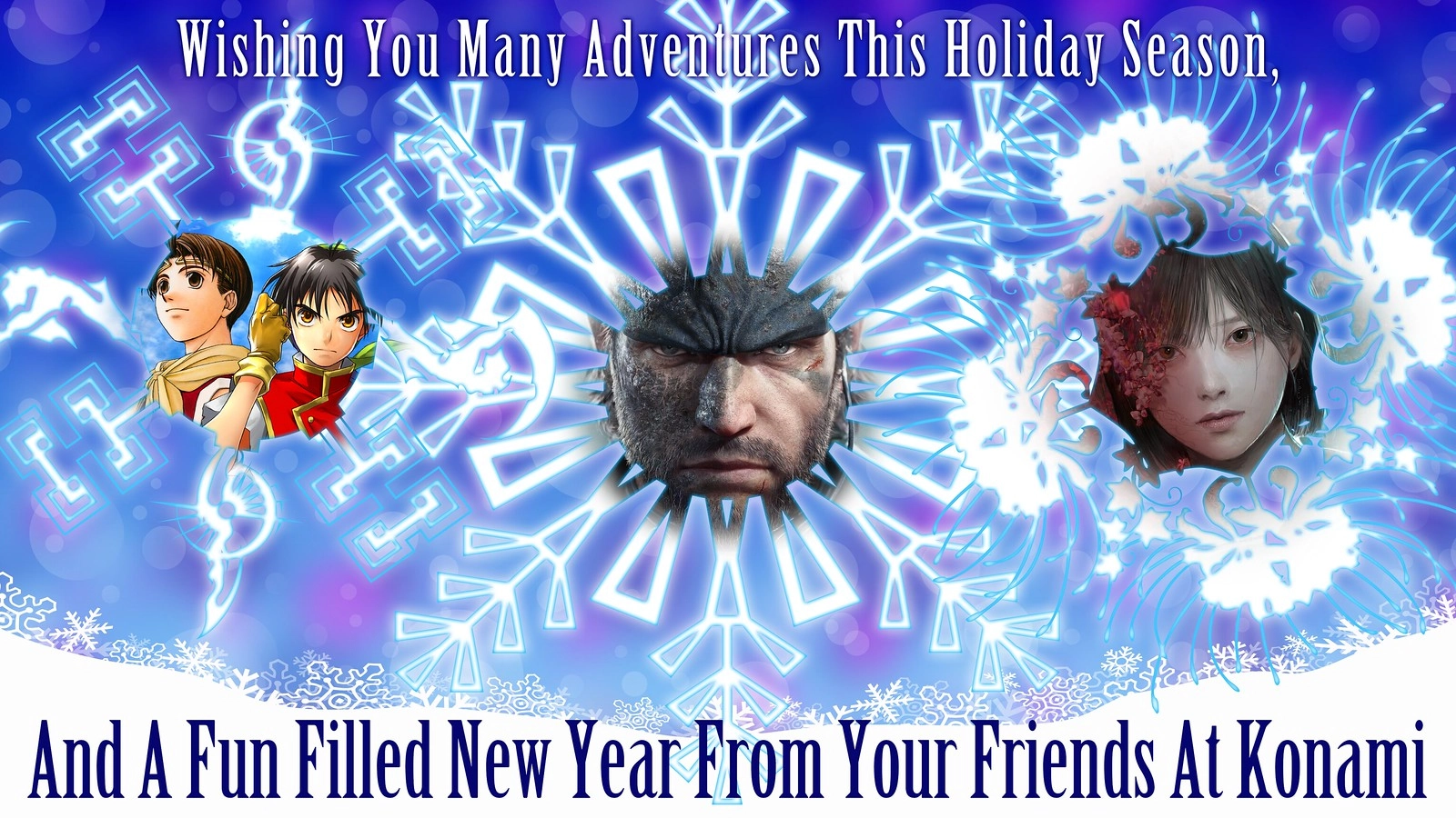 Holiday greetings from Konami featuring iconic characters, celebrating gaming memories and wishing joy for 2026.