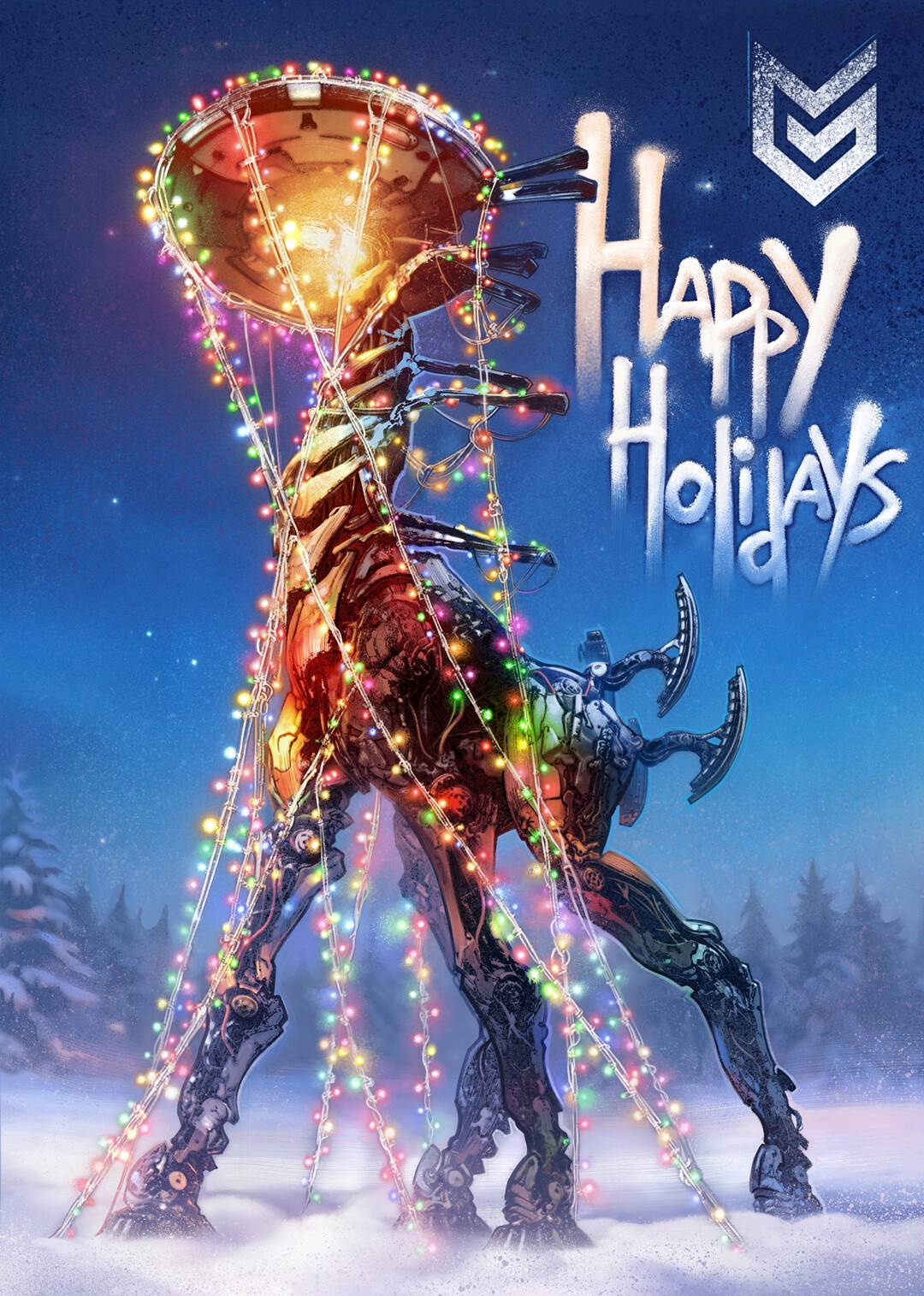 Colorful robotic creature decorated with holiday lights, celebrating the gaming memories of 2025 with a festive greeting.
