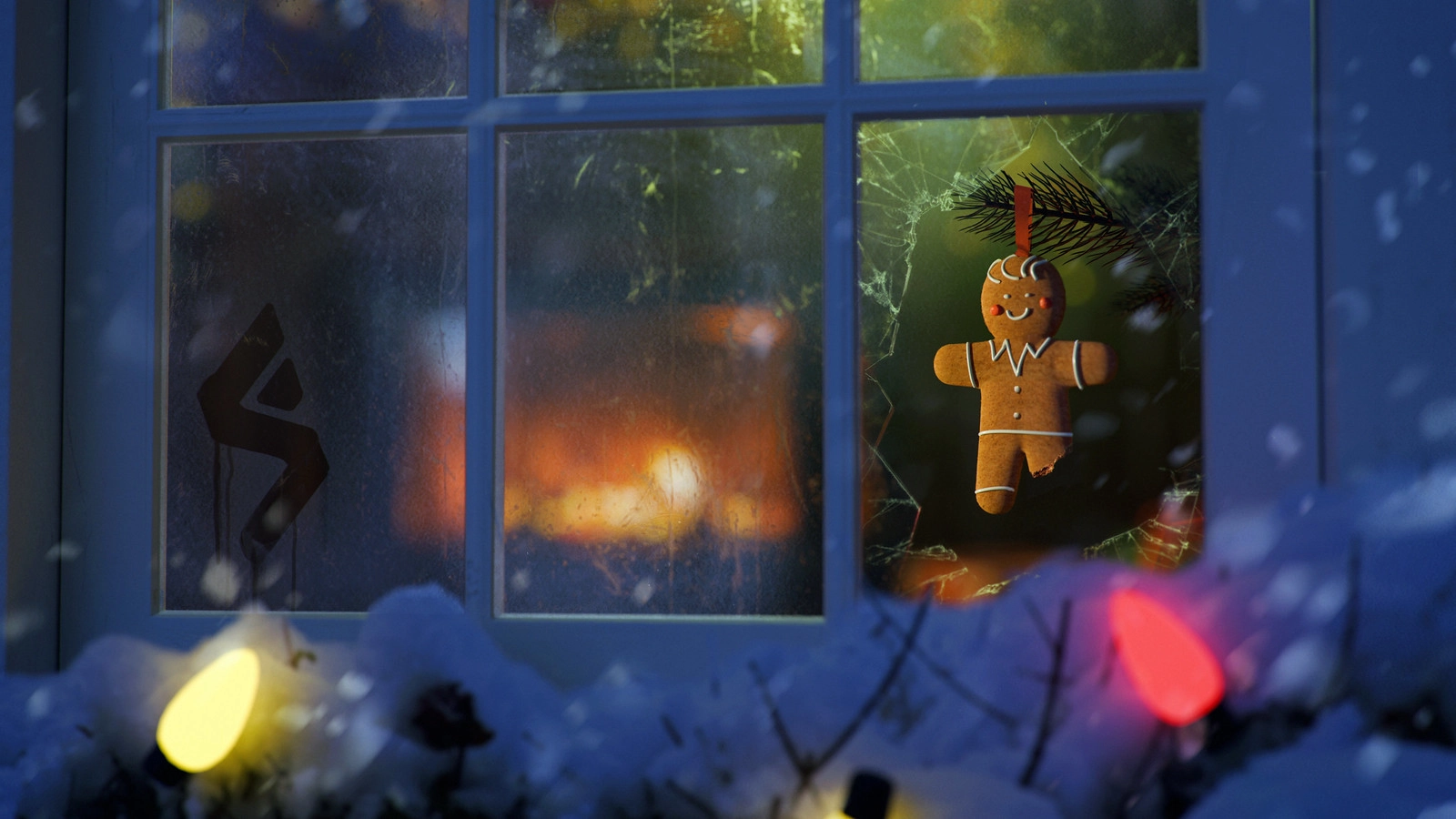 A festive window view with decorated gingerbread, snow, and holiday lights, celebrating gaming memories from 2025.