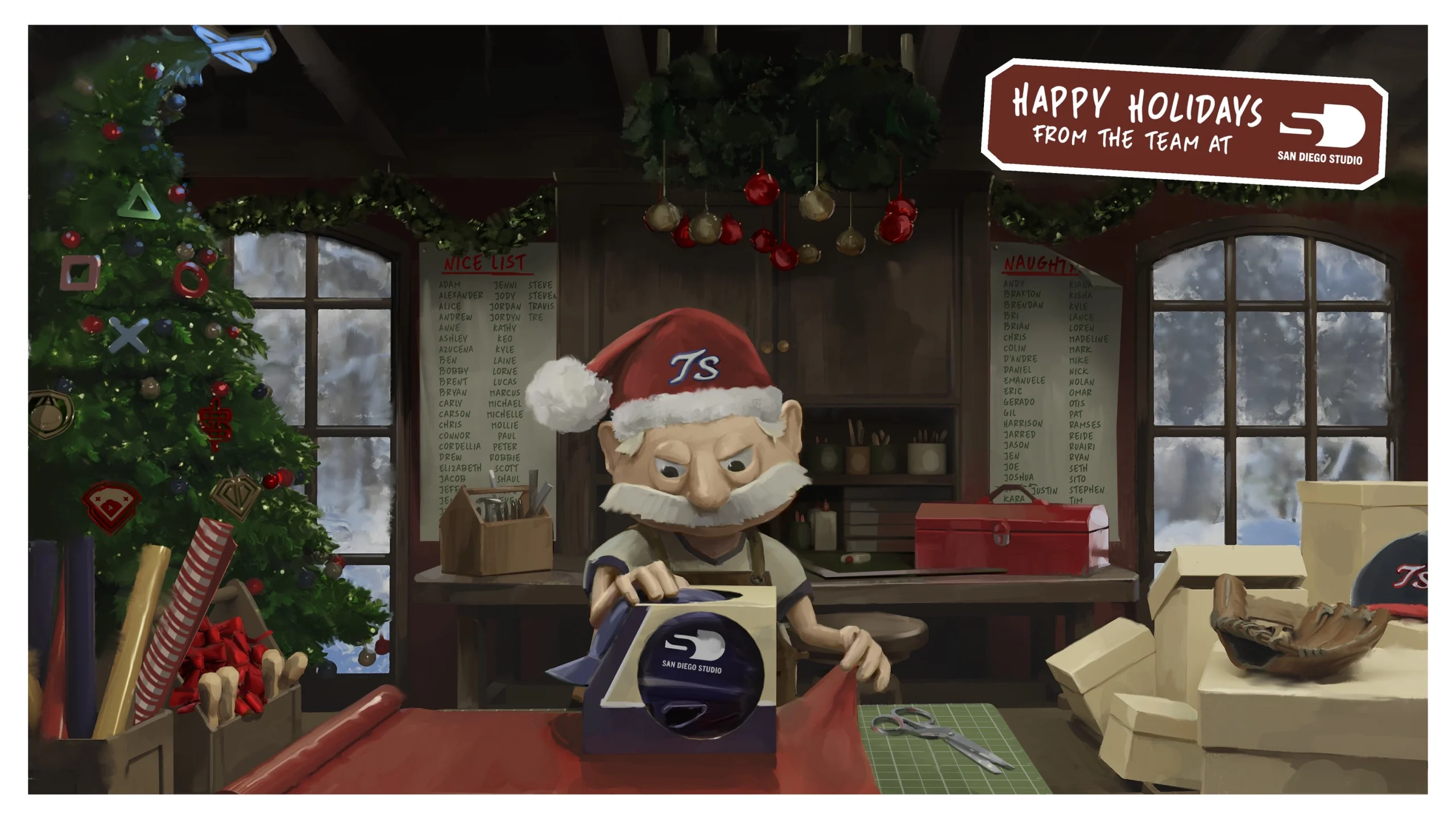 Holiday greetings from the gaming industry, with a festive character wrapping gifts in a cozy workshop setting.