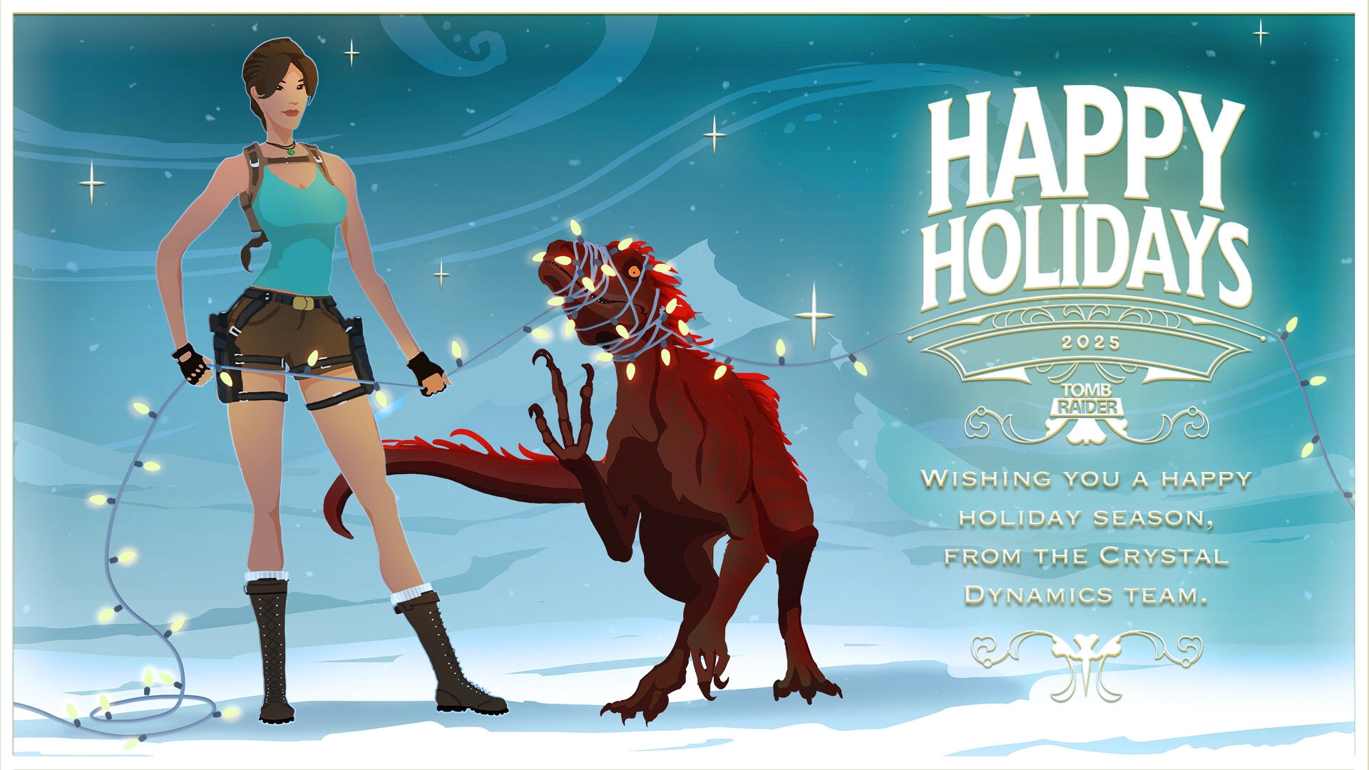 Holiday greeting card featuring Lara Croft and a creature, celebrating gaming memories from 2025. Happy Holidays!