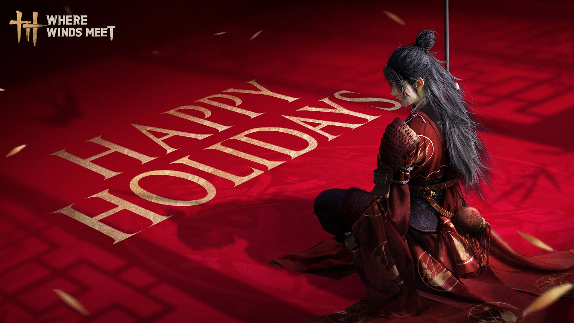 Character in a red robe celebrates the season, surrounded by festive decor, wishing everyone Happy Holidays.