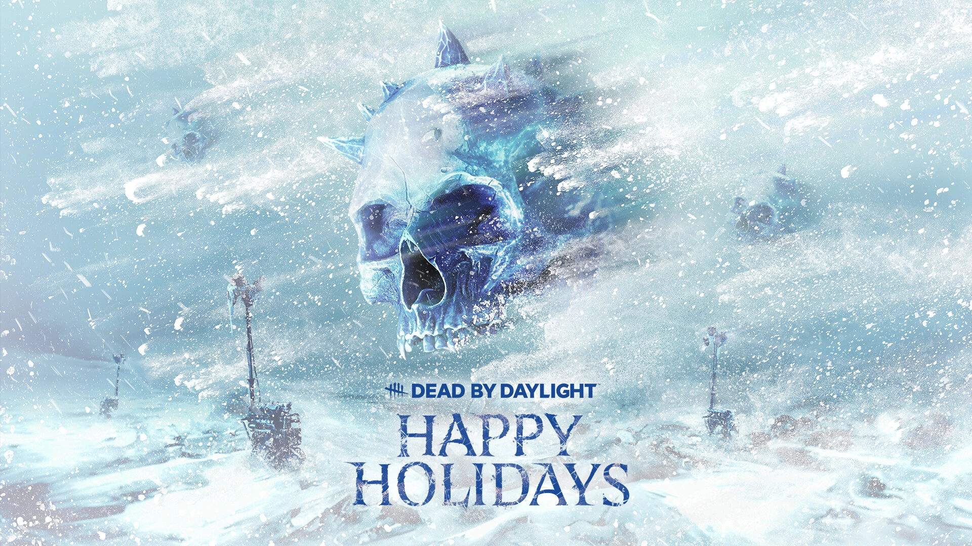 Chilling holiday artwork featuring a frosty skull and a winter landscape, promoting season