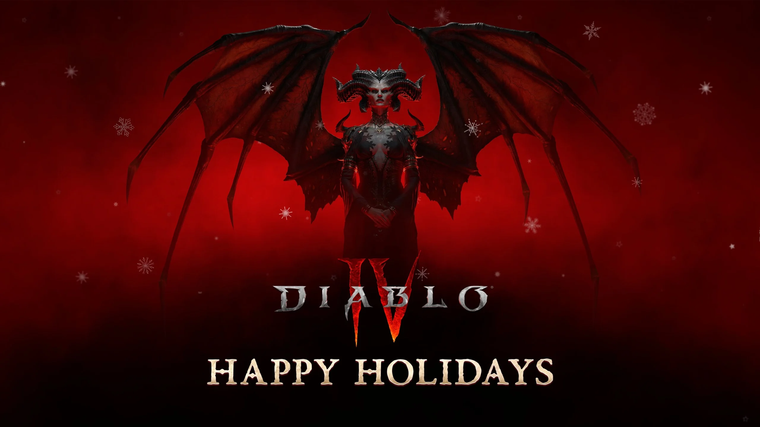 Diablo IV holiday card featuring a dark, winged character against a red backdrop, wishing happy holidays to gamers.