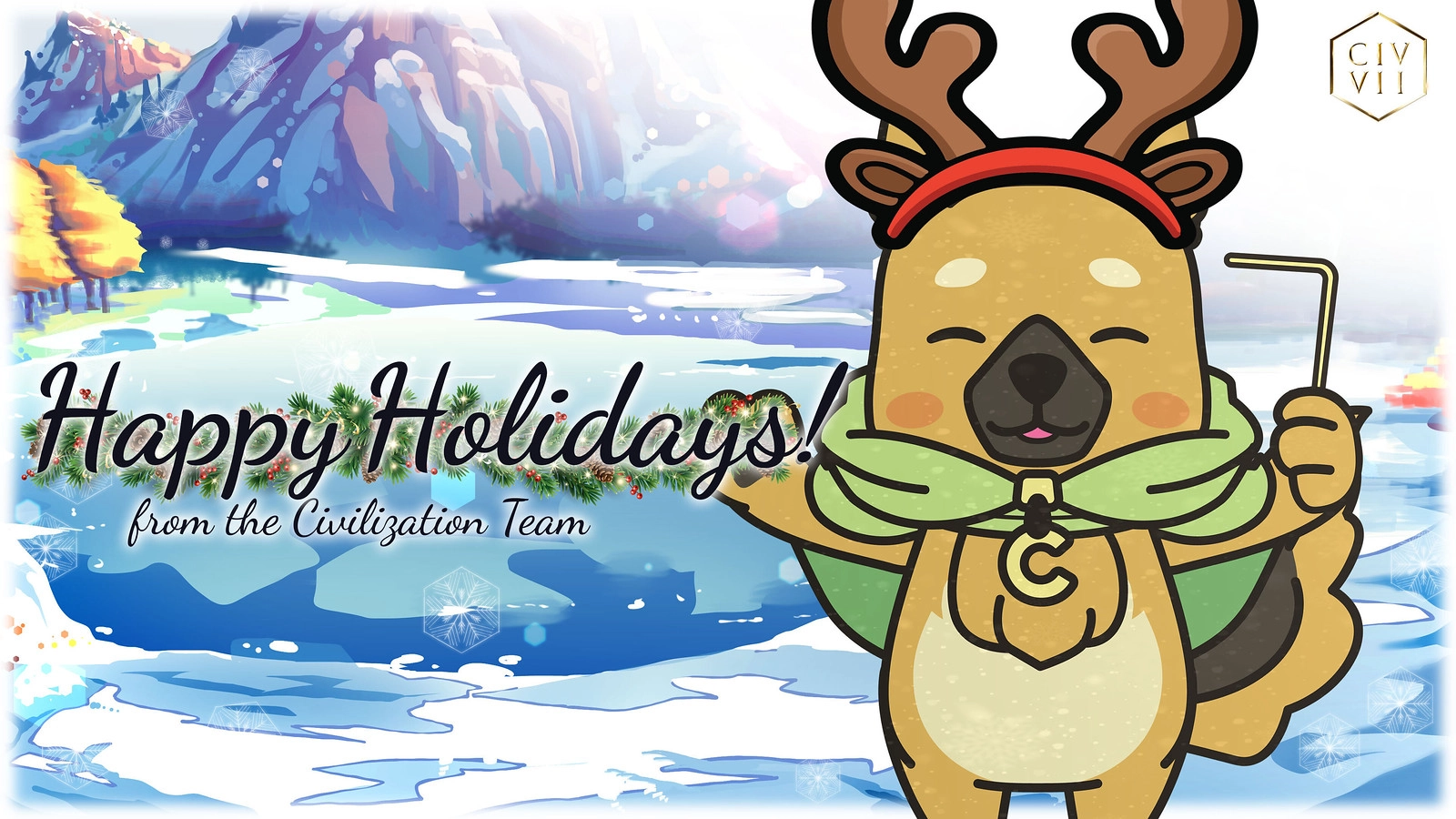 Happy Holidays from the Civilization Team! Festive reindeer character in a winter scene, celebrating gaming memories.