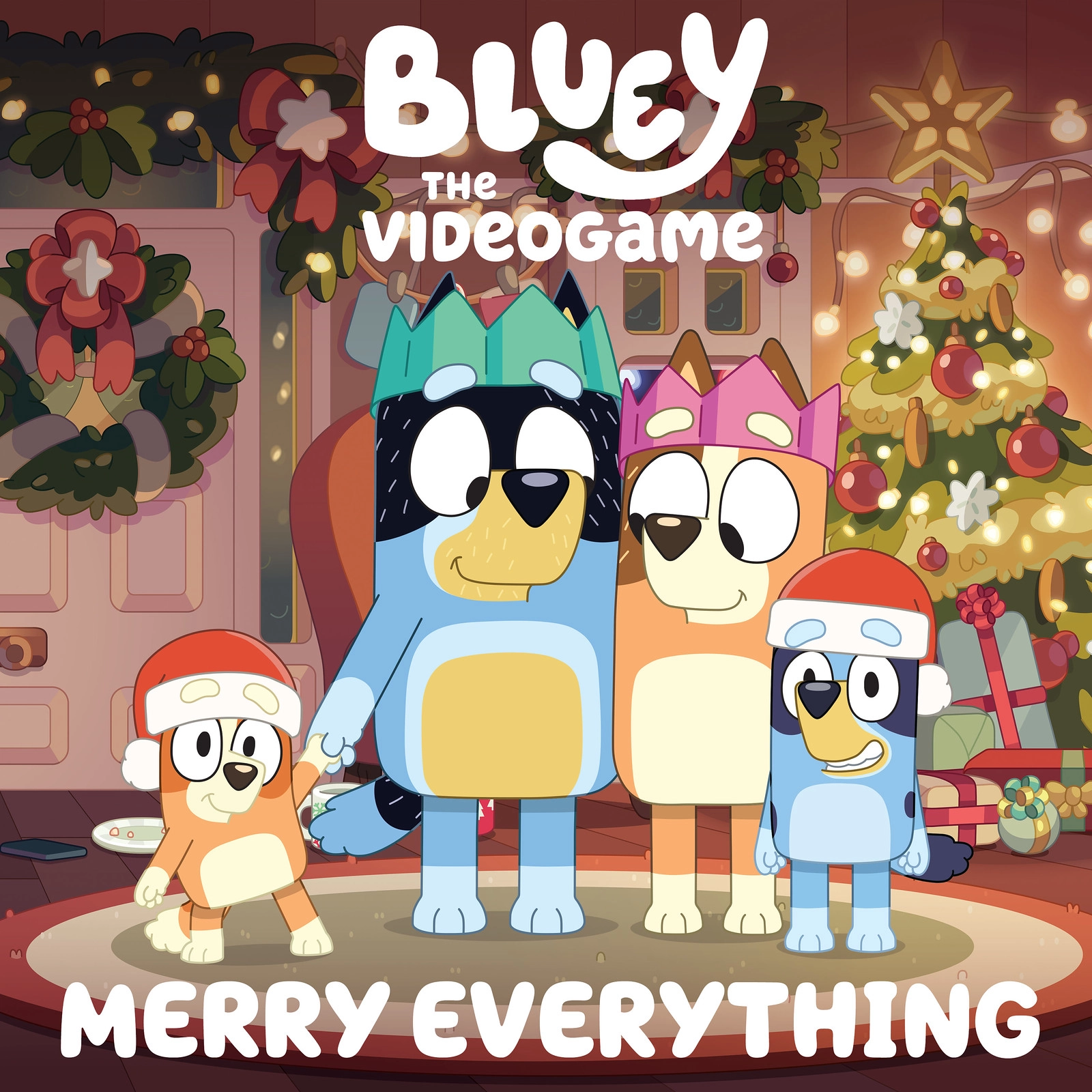 Bluey characters in festive hats celebrating the holidays with a cheerful backdrop of Christmas decorations.