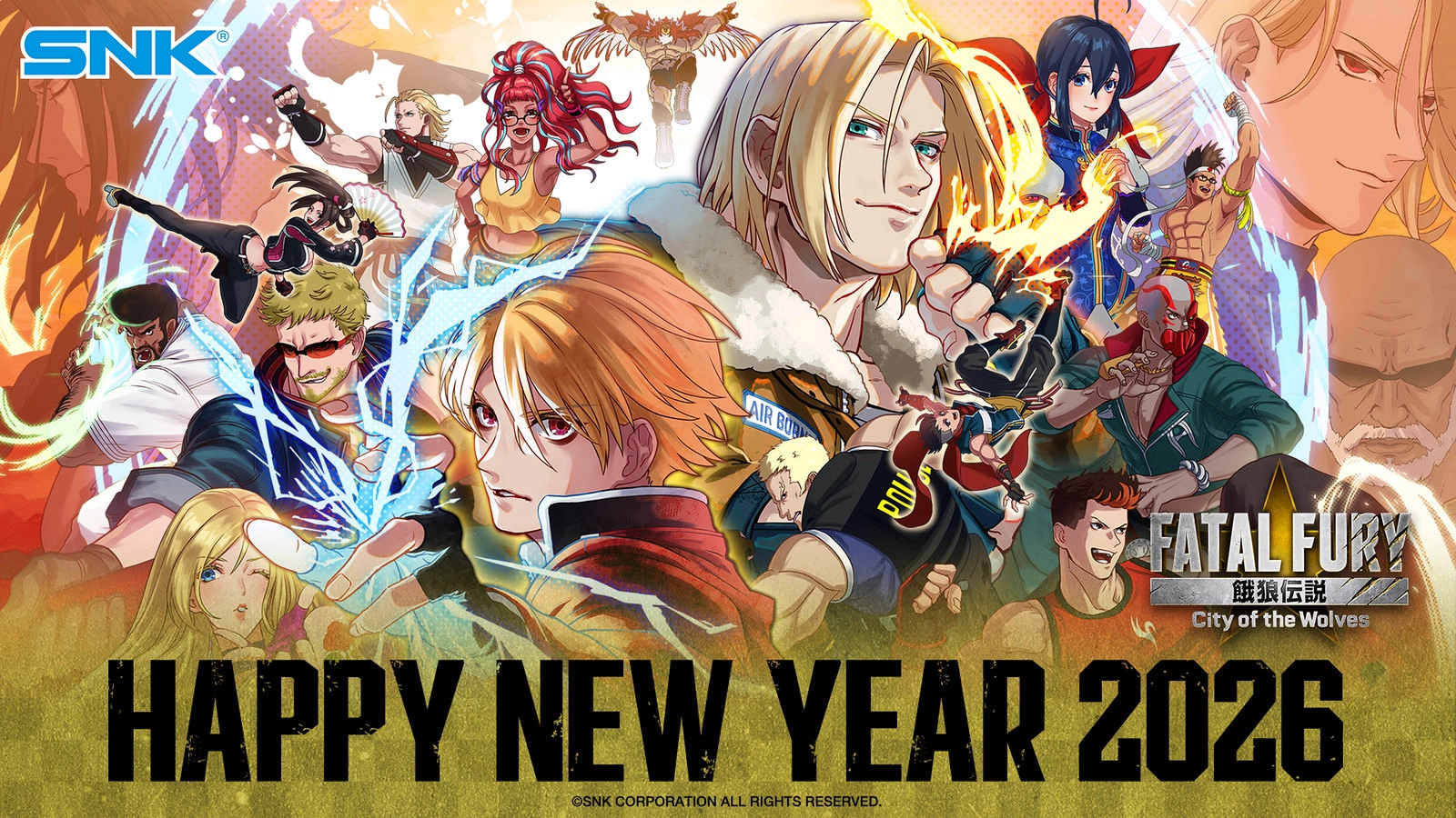 Happy New Year 2026 celebration featuring iconic characters from SNK’s Fatal Fury series, celebrating gaming memories.