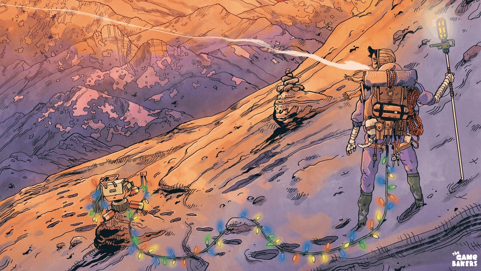 A duo of adventurers climbs a mountain adorned with holiday lights, celebrating gaming memories from 2025 and looking forw...