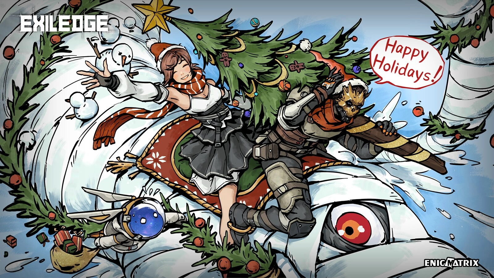 Playful holiday illustration featuring characters celebrating the season with a snowy backdrop and festive decorations.