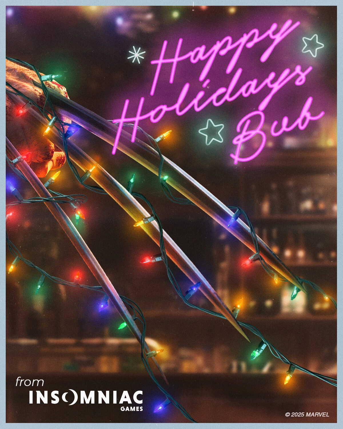 Holiday greeting from Insomniac Games featuring colorful lights on claws, celebrating gaming achievements of 2025.