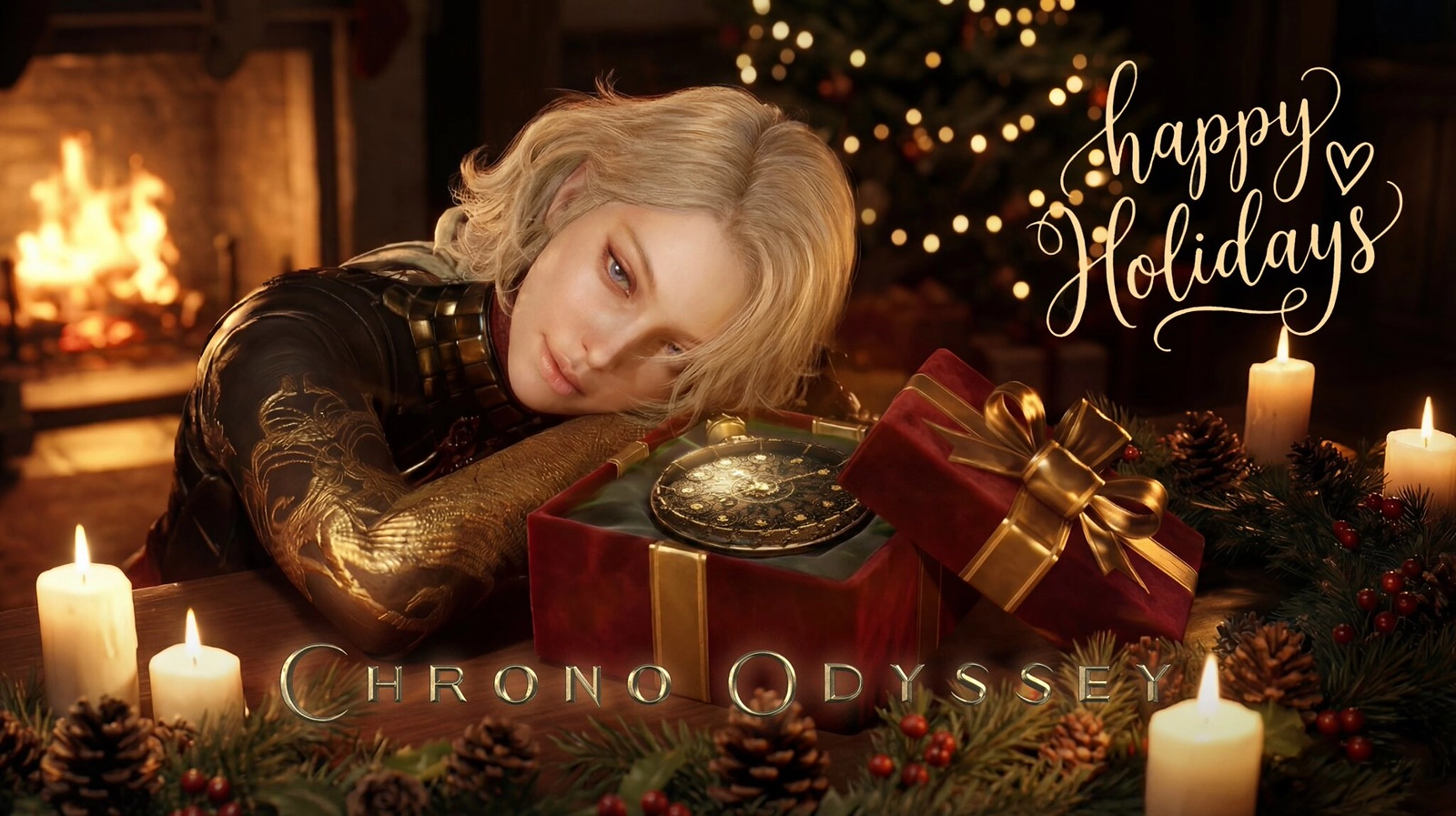 Happy Holidays from Chrono Odyssey! A cozy scene with a gift, candles, and festive decorations, celebrating gaming memories.