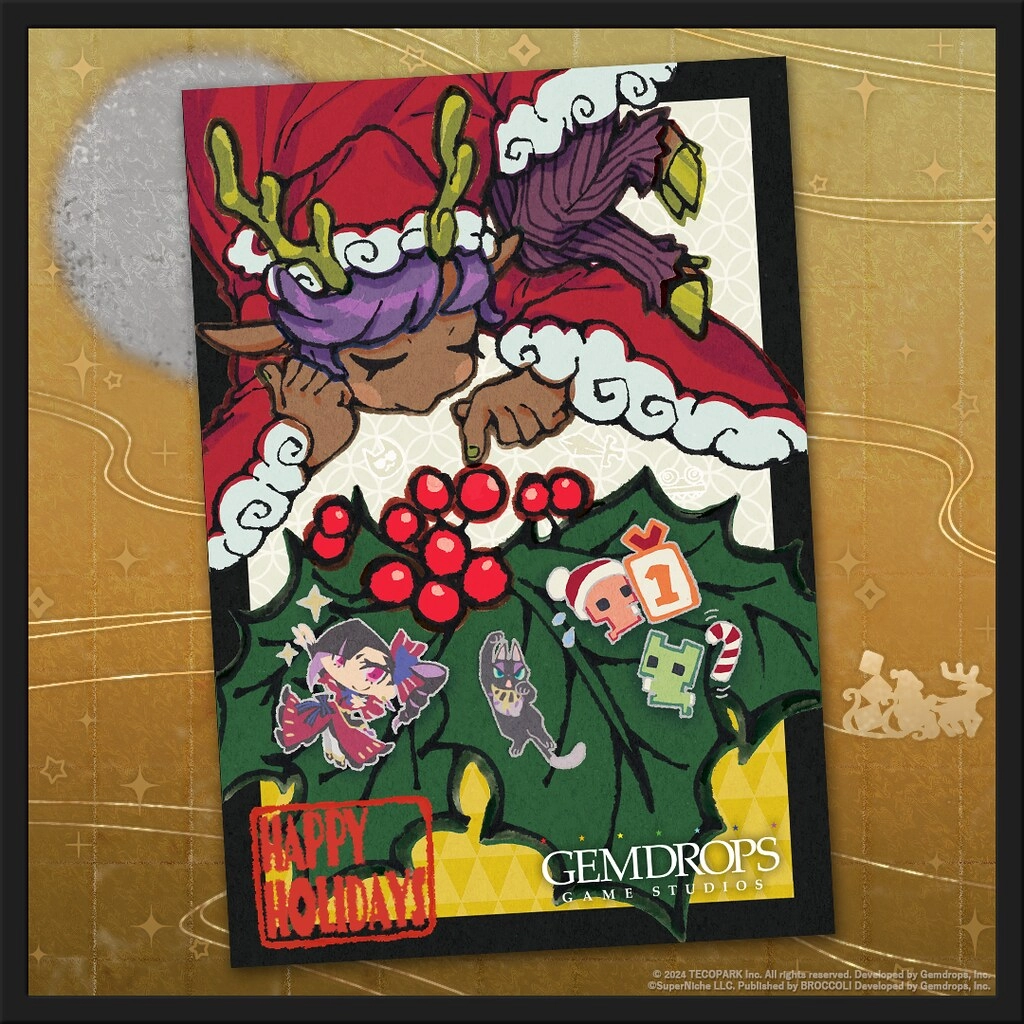 Holiday greeting card featuring playful characters and festive design by Gemdrops Game Studios, celebrating 2025 memories.
