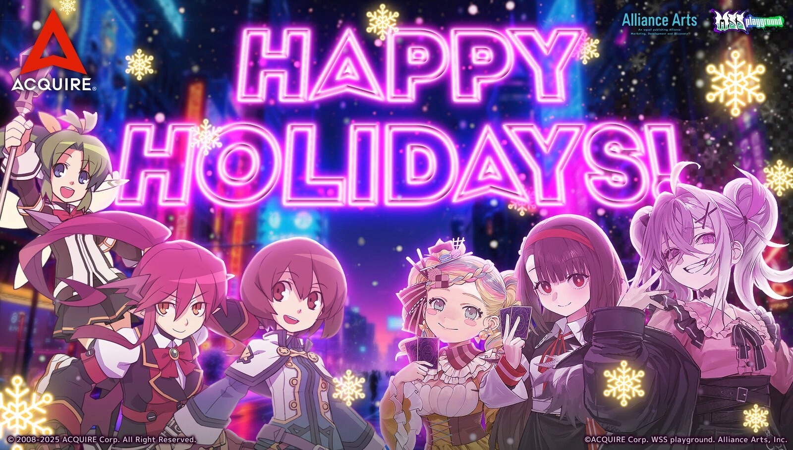 Colorful holiday greeting featuring characters from Acquire Corp. celebrating the festive season with a vibrant backdrop.