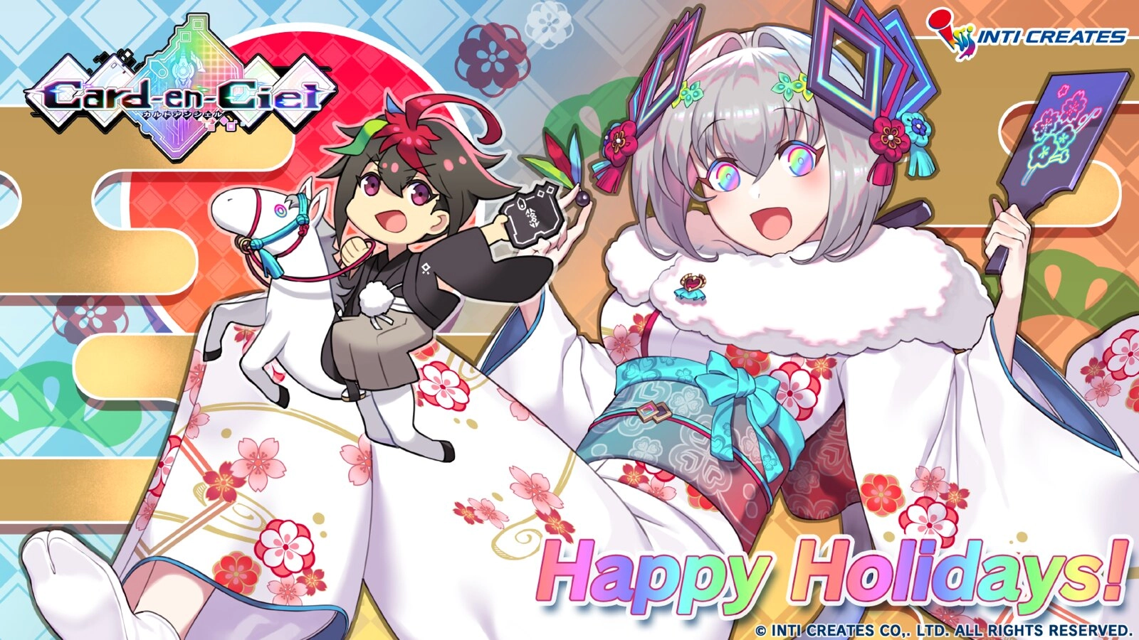 Colorful holiday greeting featuring characters from Inti Creates, celebrating the festive season in gaming.