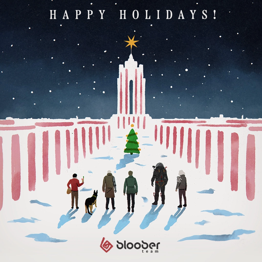 Holiday greeting illustration featuring people and a dog in a snowy scene, celebrating memories in gaming from 2025.