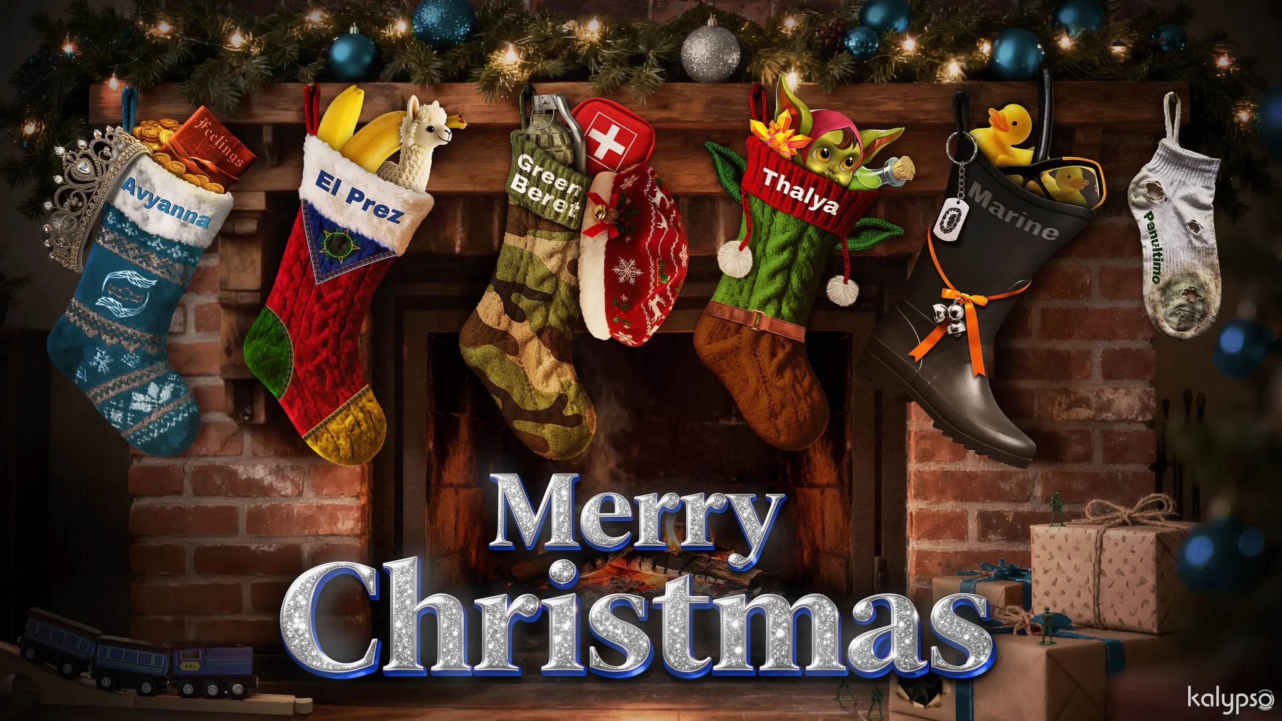 Colorful Christmas stockings hang over a cozy fireplace, spreading festive cheer and holiday greetings from the gaming com...