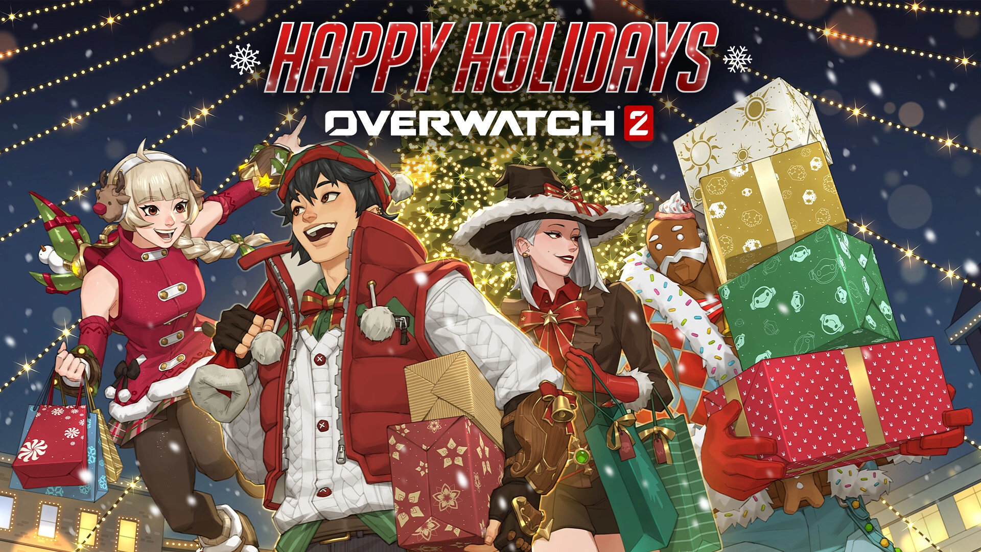 Festive Overwatch 2 characters celebrate the holiday season with gifts and cheer, embracing joy and community in gaming.