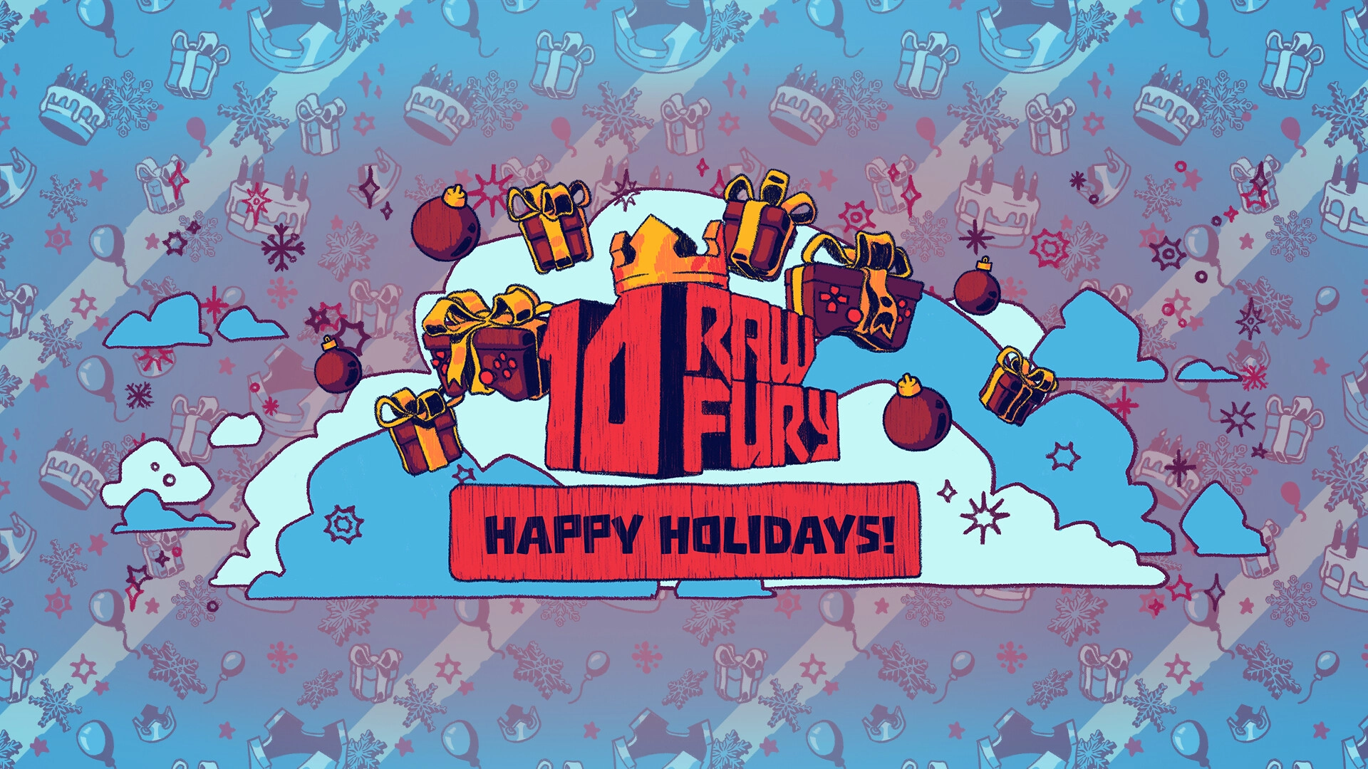 Colorful holiday graphic with gifts and festive elements, celebrating memories and greetings from the gaming industry.